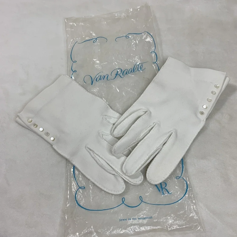 Vintage‎ Women's Van Raalte White Driving Gloves Button Embellished Nylon Formal
